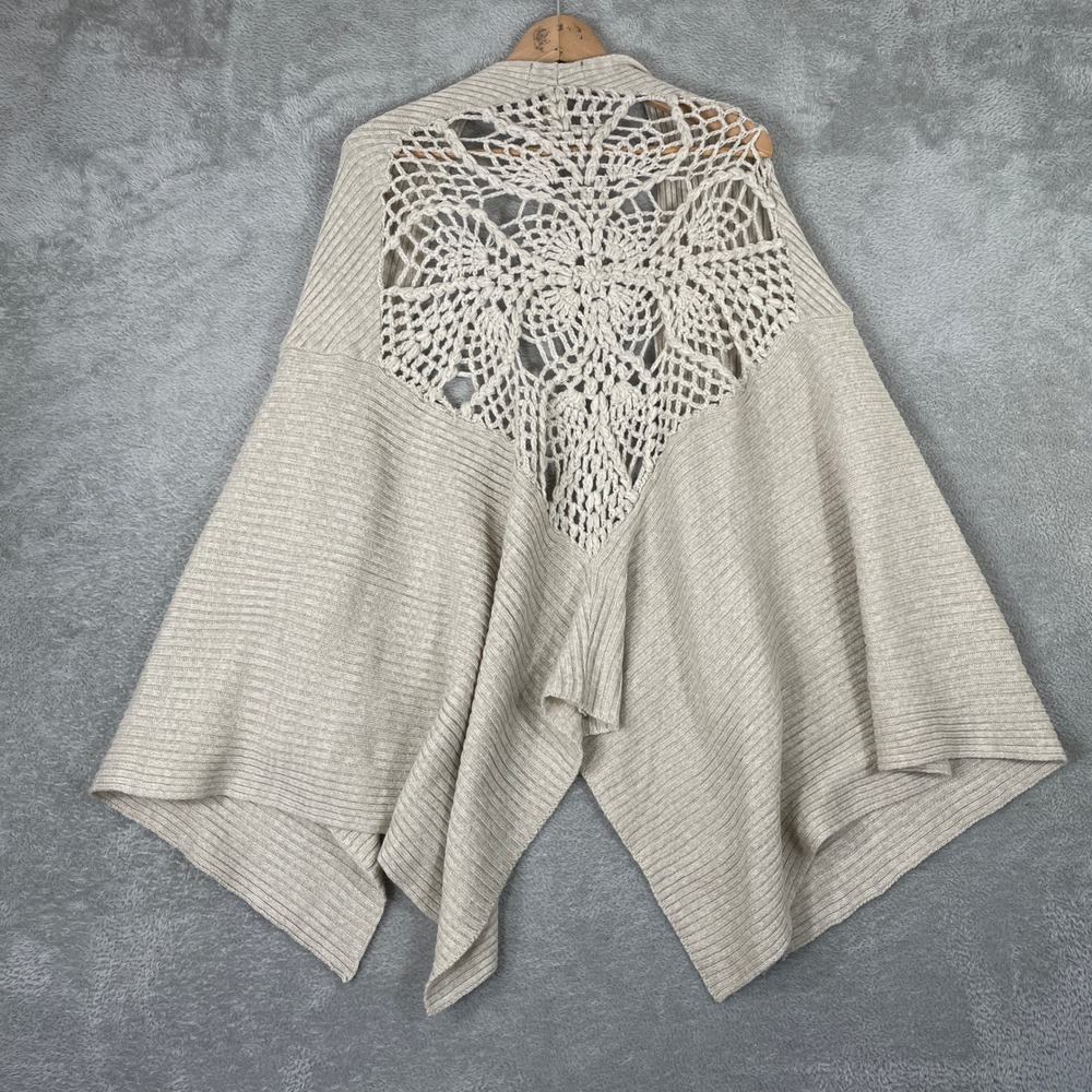 Free People Cardigan Womens One Size Beige Crochet Back Ribbed Knit Shawl Wrap - Picture 4 of 7